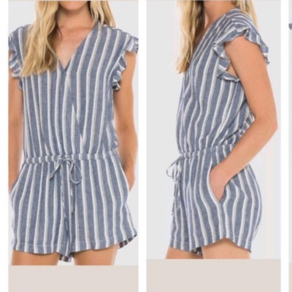 Cloth & Stone Striped Ruffle Surplice Romper